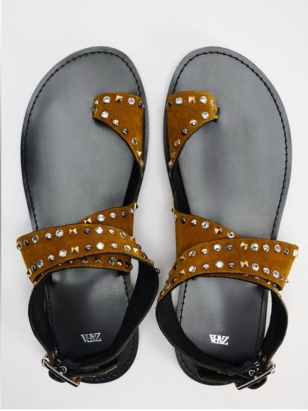 Zara Mustard Suede Studded Flat Sandals